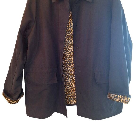 Dennis Basso 1X Black Jacket Leopard Print Lining Snap Button Overcoat Hong Kong - Picture 2 of 9